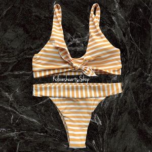 Stripe Print Bikini Set. Med top with removable tie. Small high waisted bottom